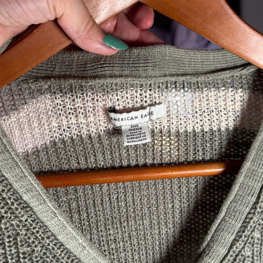 American Eagle Henley Sweater Womens XS/S Green Striped High Low‎ Coastal Boho